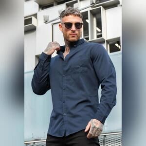 NWT Gingtto Men's Navy Blue Button Down Dress Shirt, Large